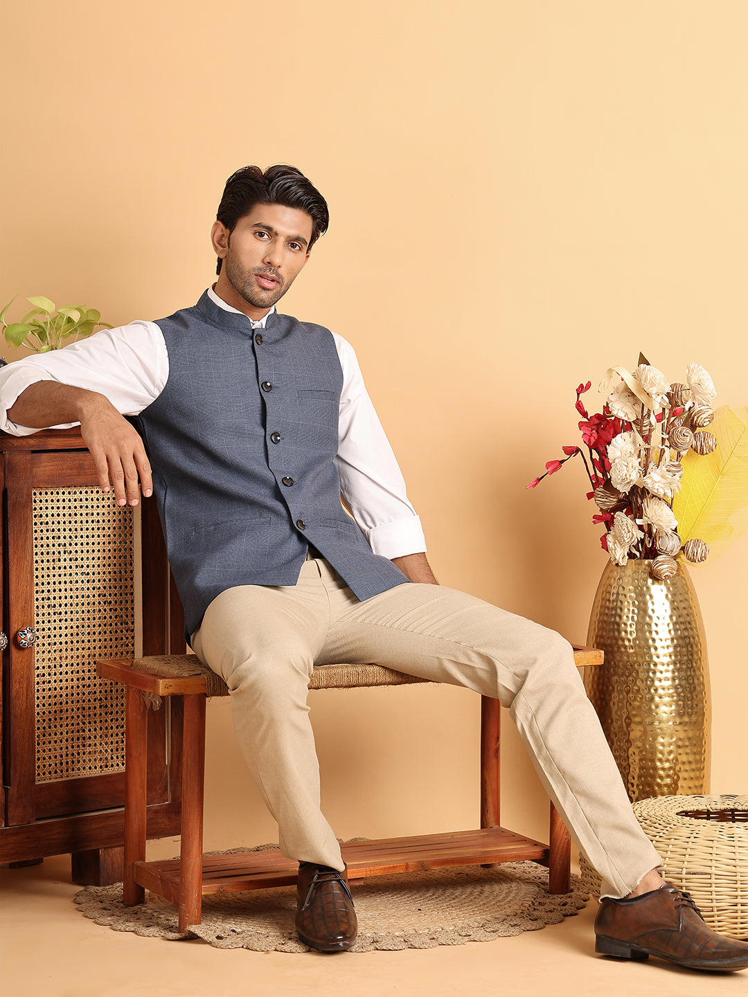DesiQlo Men Checked Men Waistcoat Nehru Jacket - Blue