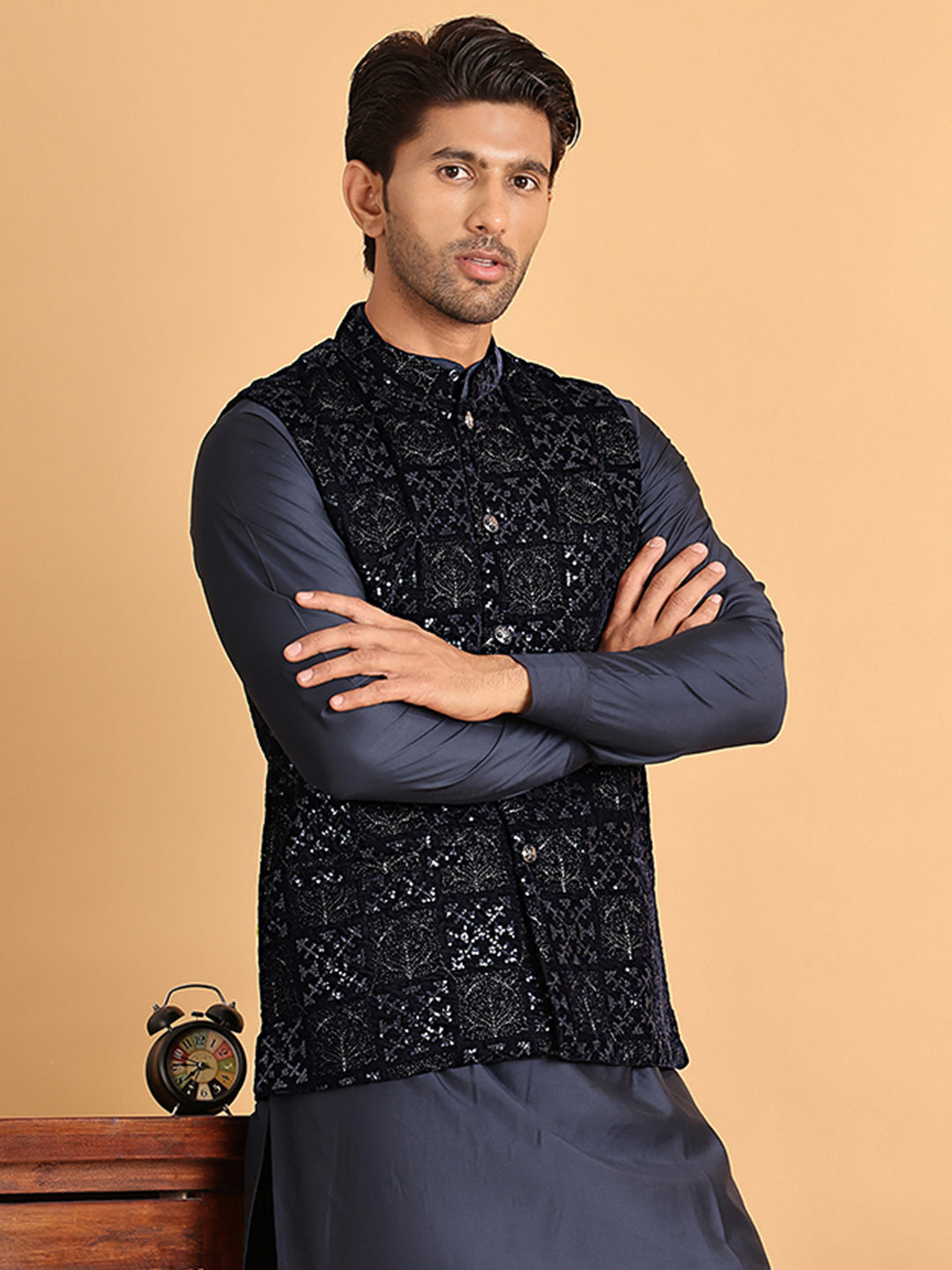 DesiQlo Men Embroidered Men Waistcoat Nehru Jacket - Bl - JOWC_4118Nav