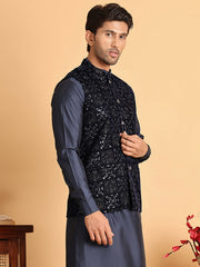 Navy Blue Embroidered Nehru Jacket  for Men ( JOWC 4118Navy )