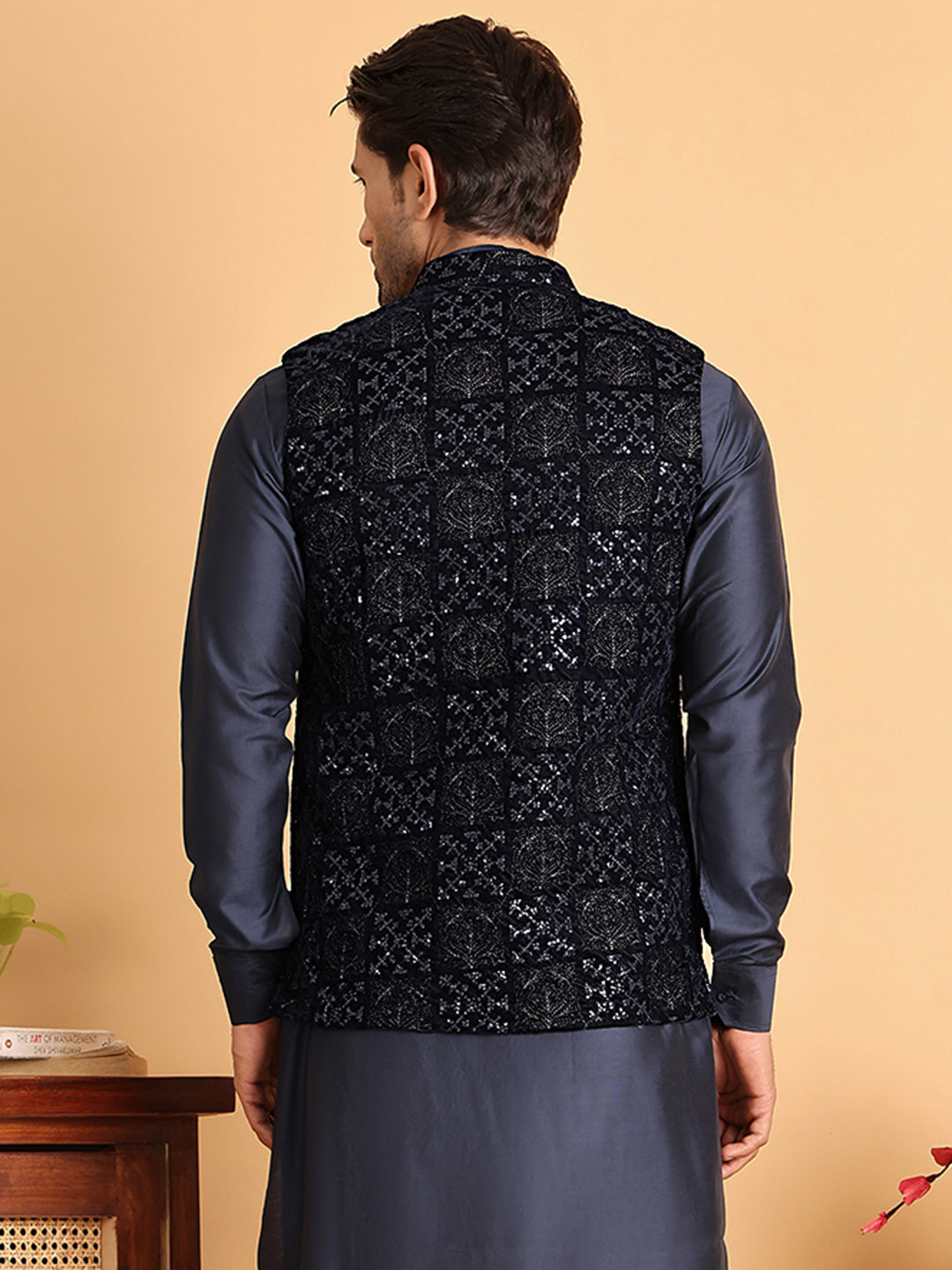 DesiQlo Men Embroidered Men Waistcoat Nehru Jacket - Bl - JOWC_4118Nav