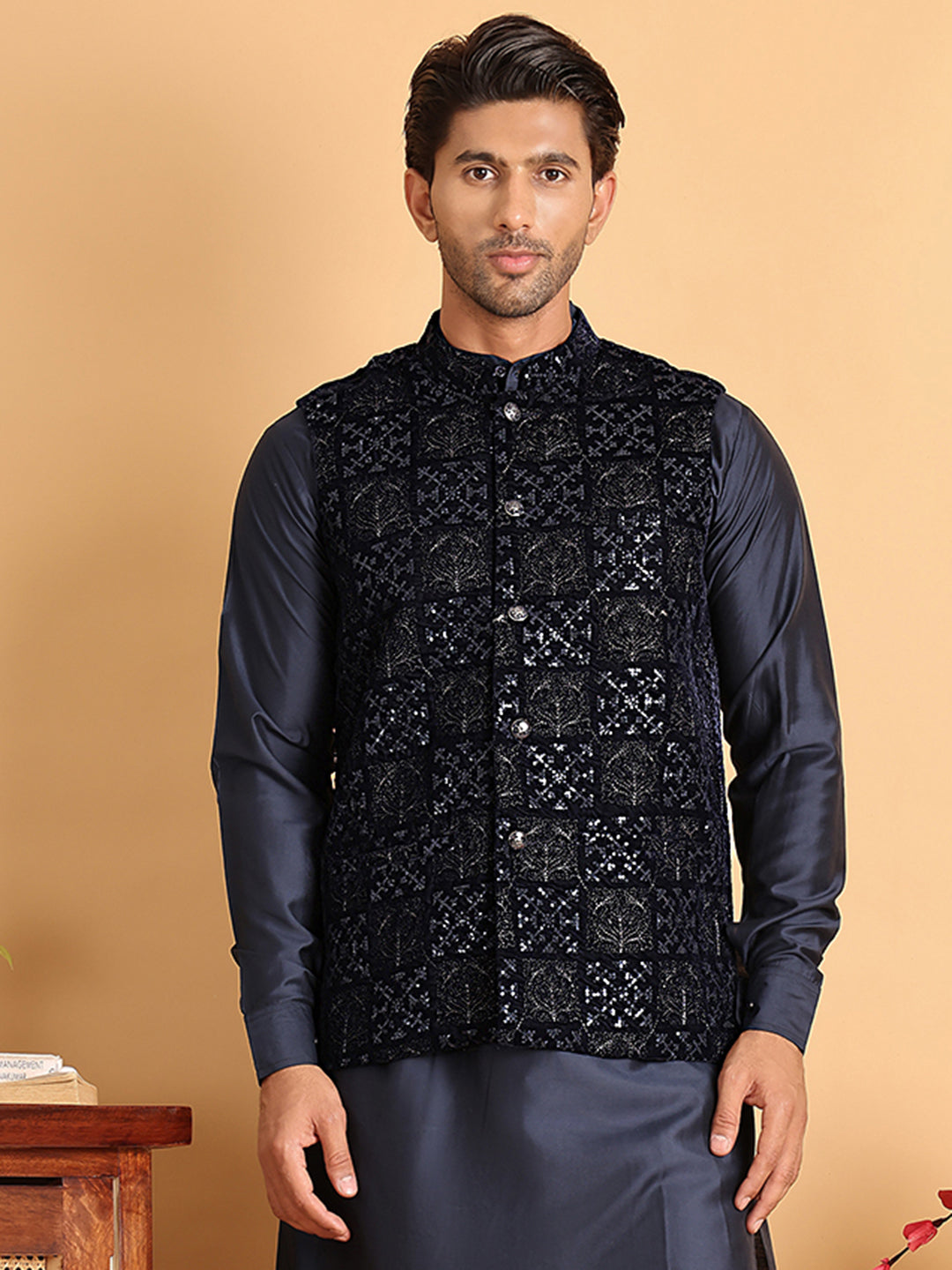 DesiQlo Men Embroidered Men Waistcoat Nehru Jacket - Bl - JOWC_4118Nav
