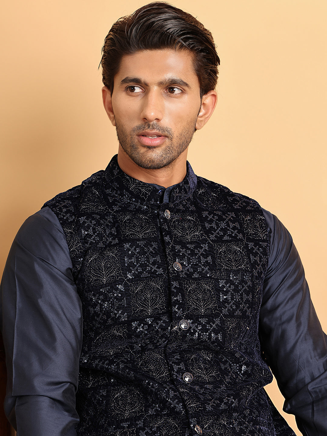 DesiQlo Men Embroidered Men Waistcoat Nehru Jacket - Bl - JOWC_4118Nav