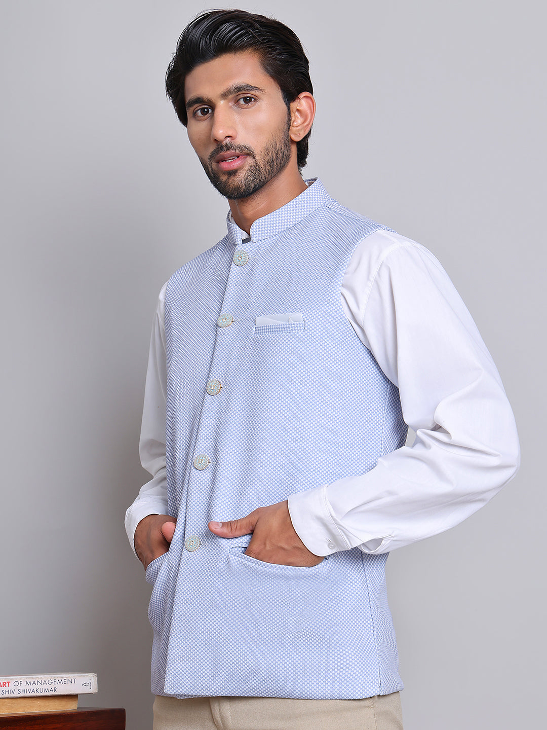 DesiQlo Men Woven Design Men Waistcoat Nehru Jacket - B - JOWC_4120Blu