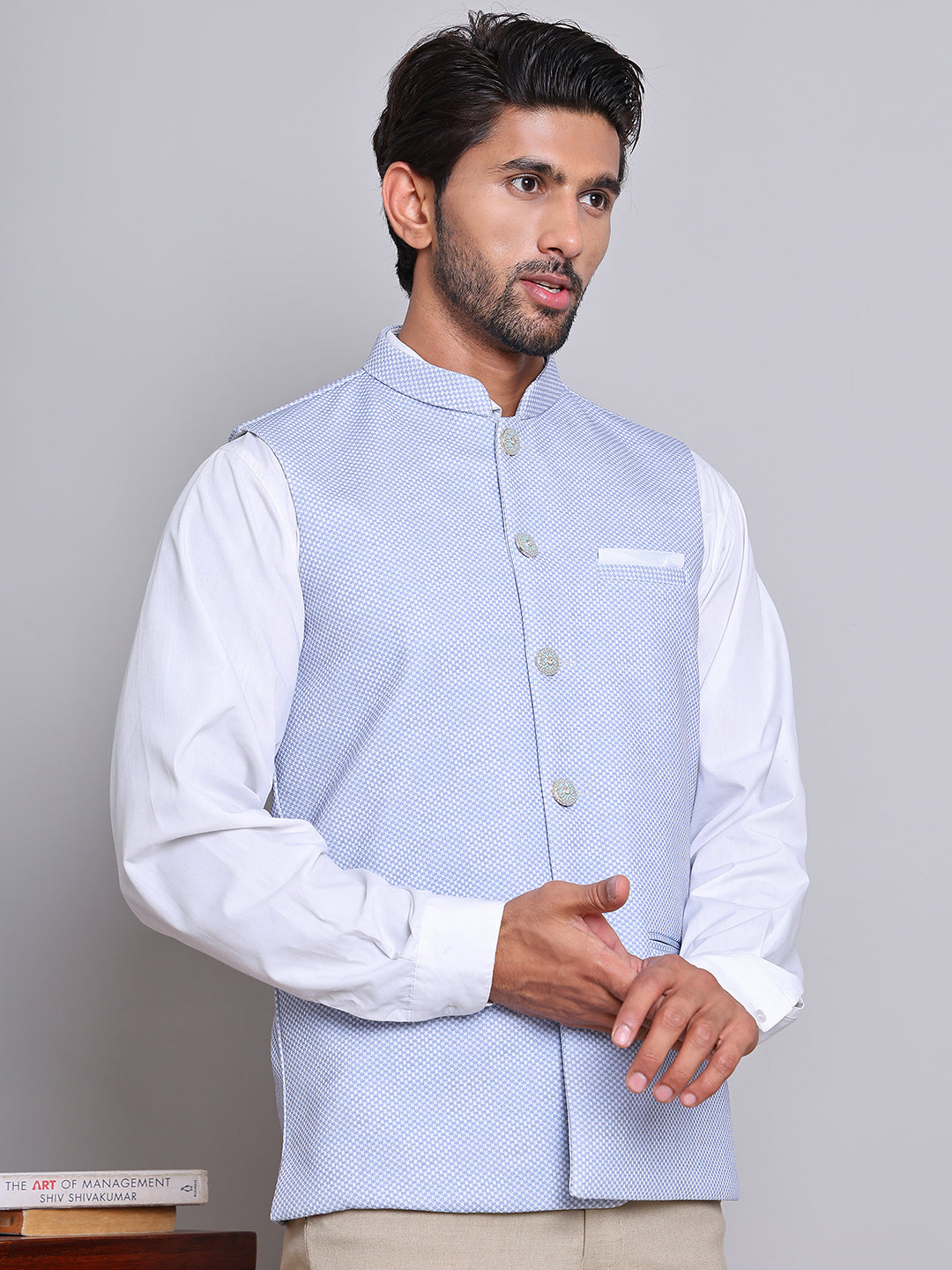 DesiQlo Men Woven Design Men Waistcoat Nehru Jacket - B - JOWC_4120Blu