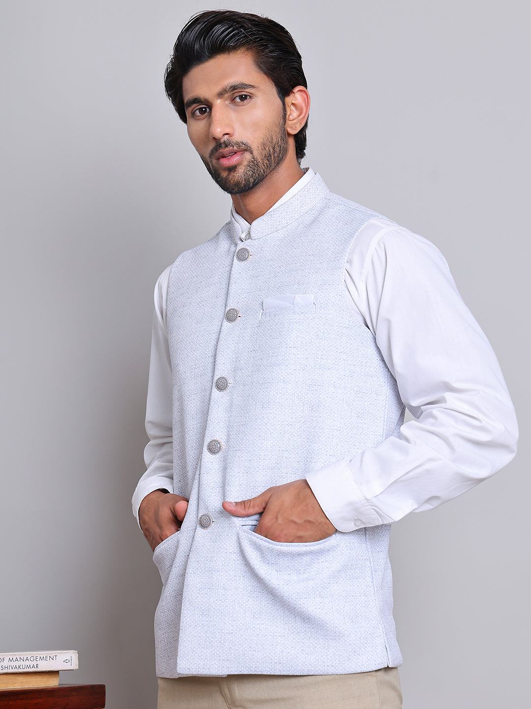 DesiQlo Men Woven Design Men Waistcoat Nehru Jacket - B - JOWC_4120Sky