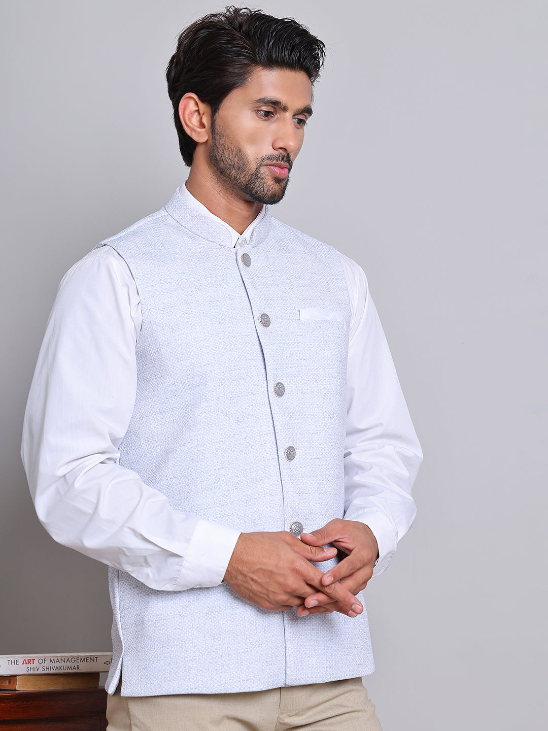 DesiQlo Men Woven Design Men Waistcoat Nehru Jacket - B - JOWC_4120Sky
