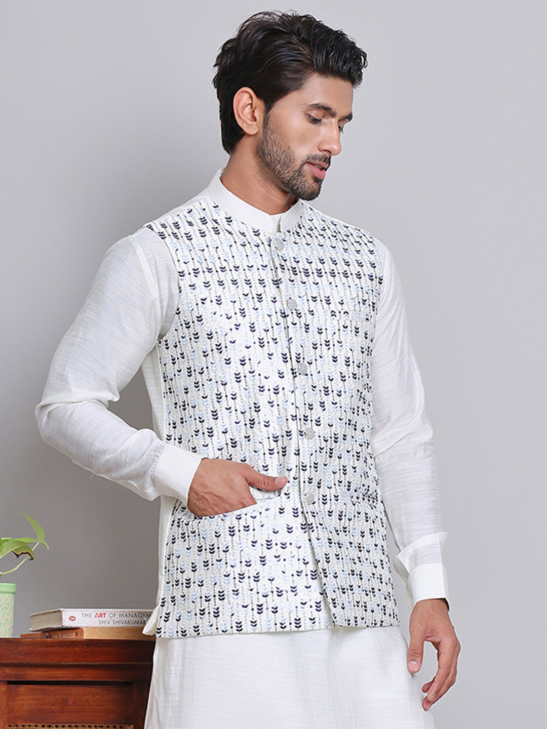 DesiQlo Men Embroidered Men Waistcoat Nehru Jacket - Bl - JOWC_4121Blu