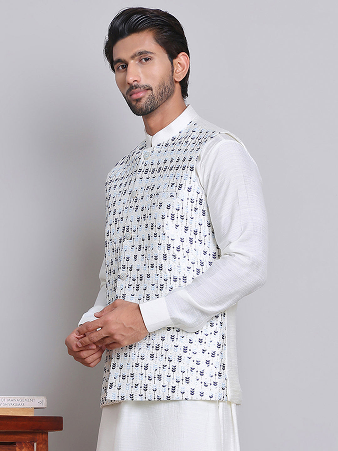 DesiQlo Men Embroidered Men Waistcoat Nehru Jacket - Bl - JOWC_4121Blu