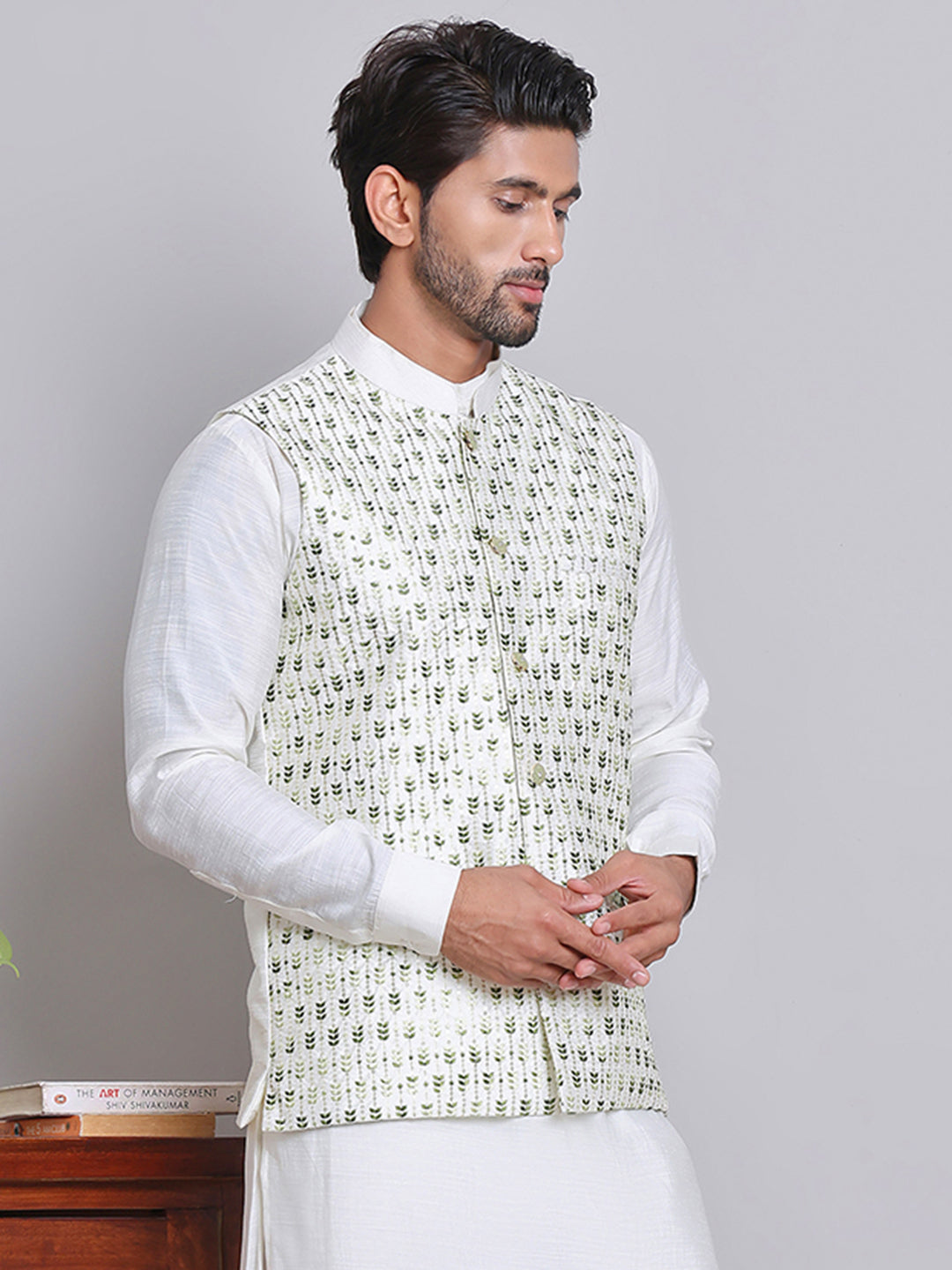 DesiQlo Men Embroidered Men Waistcoat Nehru Jacket - Gr - JOWC_4121Gre