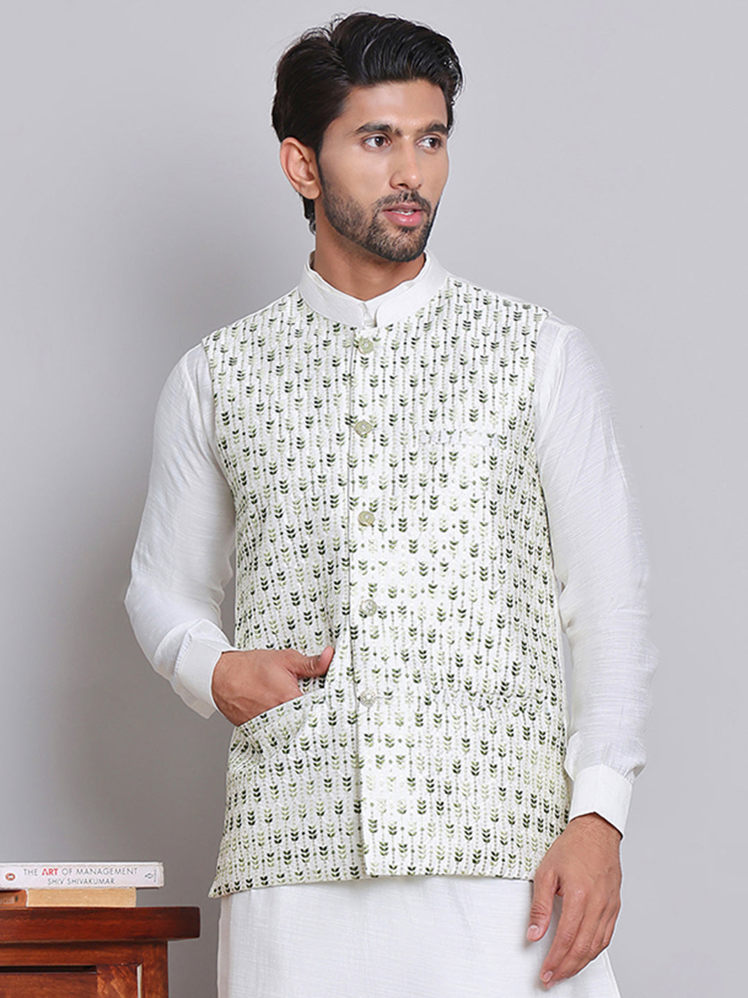 DesiQlo Men Embroidered Men Waistcoat Nehru Jacket - Gr - JOWC_4121Gre