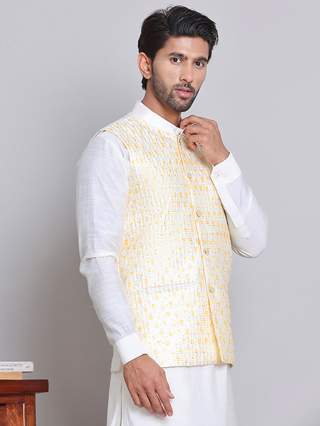 DesiQlo Men Embroidered Men Waistcoat Nehru Jacket - Ye - JOWC_4121Yel