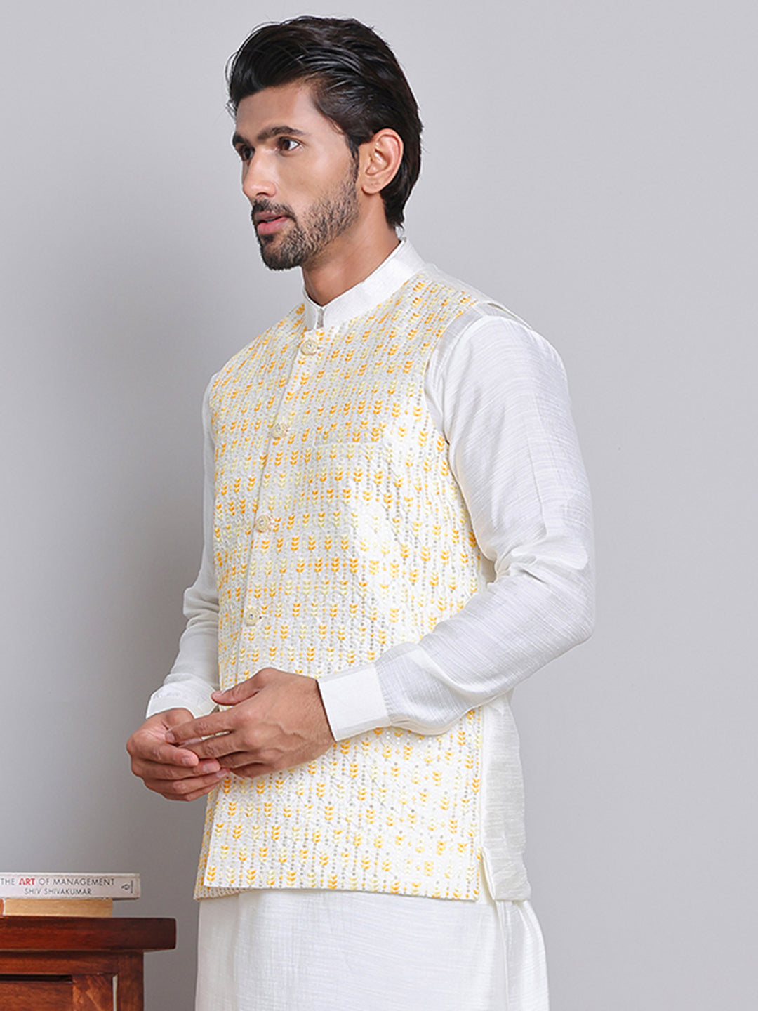 DesiQlo Men Embroidered Men Waistcoat Nehru Jacket - Ye - JOWC_4121Yel