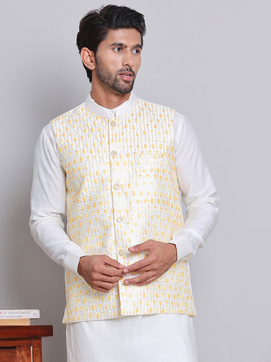 DesiQlo Men Embroidered Men Waistcoat Nehru Jacket - Ye - JOWC_4121Yel