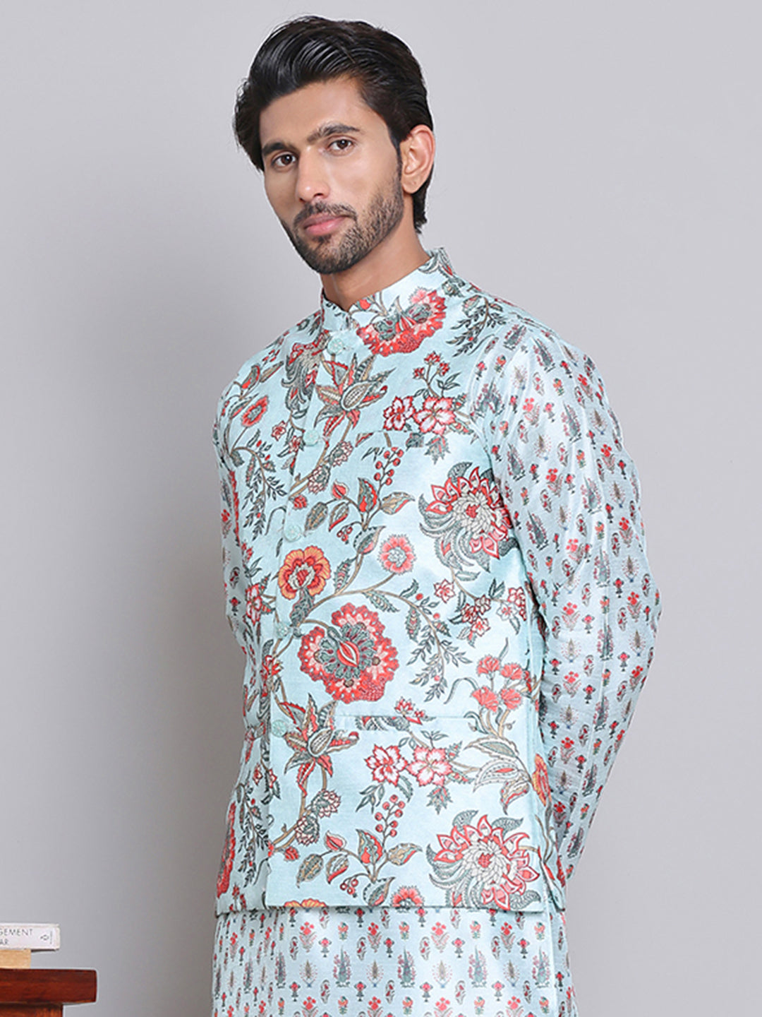 DesiQlo Men Printed Men Waistcoat Nehru Jacket - Blue - JOWC_4122Firoz