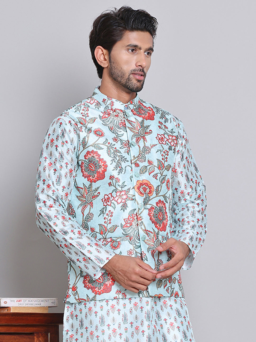 DesiQlo Men Printed Men Waistcoat Nehru Jacket - Blue - JOWC_4122Firoz