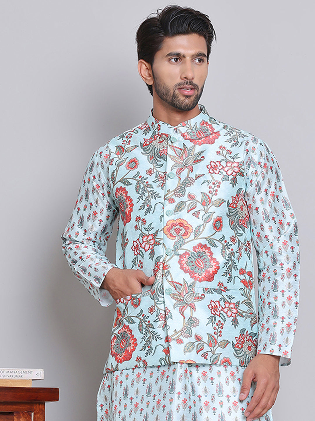 DesiQlo Men Printed Men Waistcoat Nehru Jacket - Blue - JOWC_4122Firoz