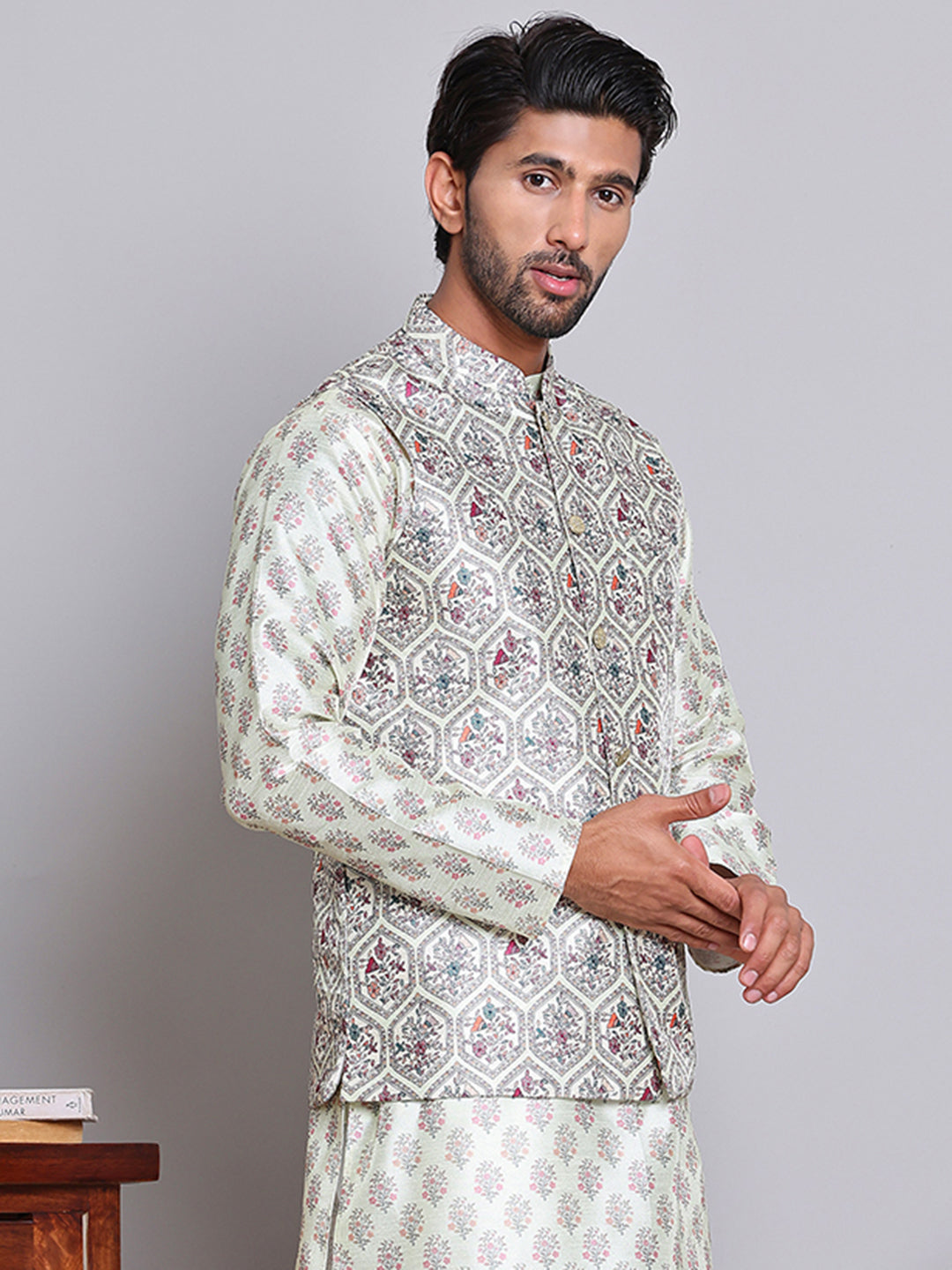 DesiQlo Men Printed Men Waistcoat Nehru Jacket - Green - JOWC_4122Pist