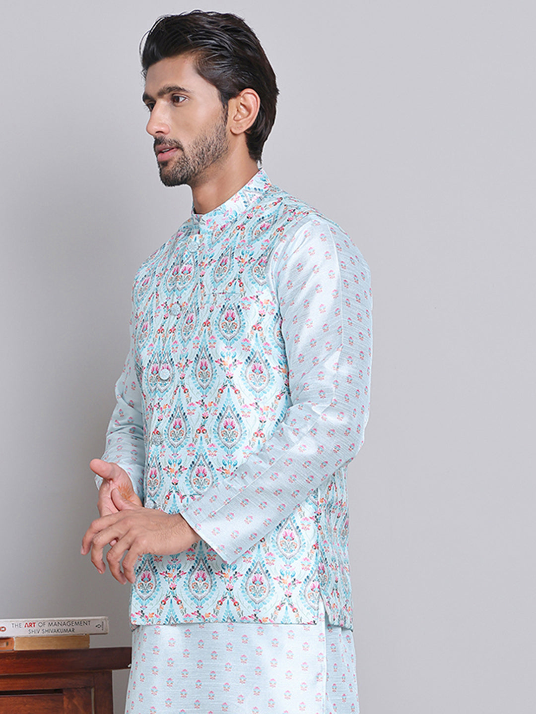 DesiQlo Men Printed Men Waistcoat Nehru Jacket - Blue - JOWC_4122Sky_S