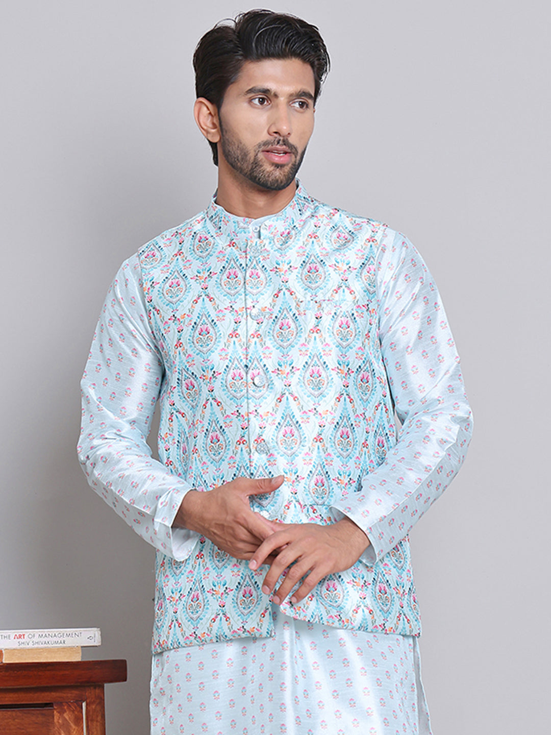 DesiQlo Men Printed Men Waistcoat Nehru Jacket - Blue - JOWC_4122Sky_S