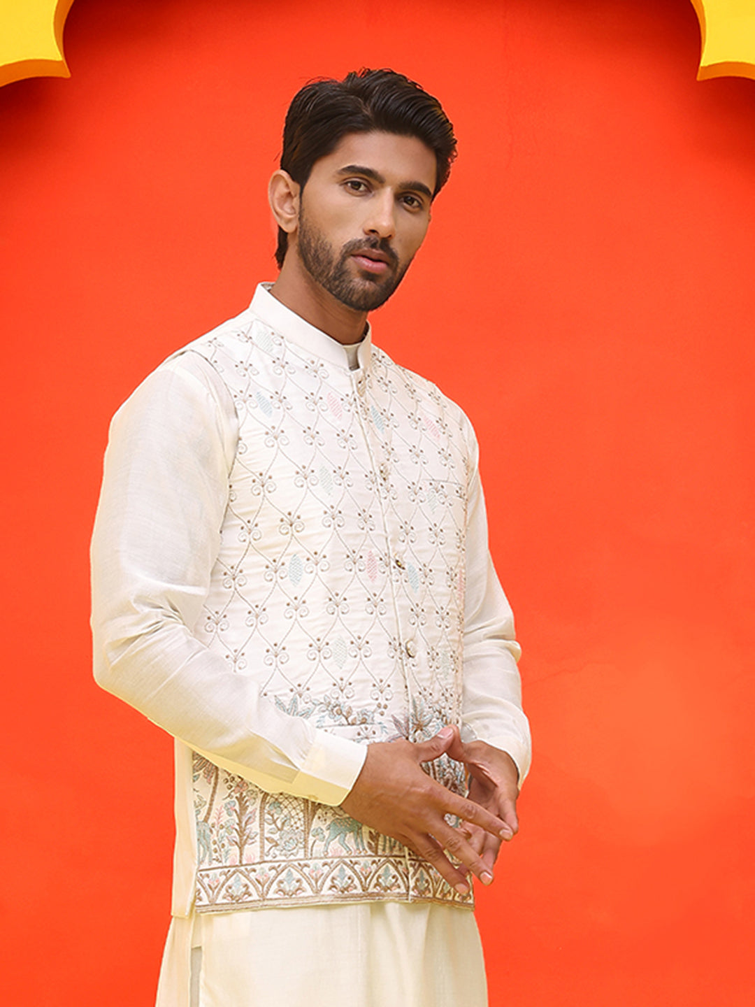 DesiQlo Men Embroidered Men Waistcoat Nehru Jacket - Wh - JOWC_4124Whi