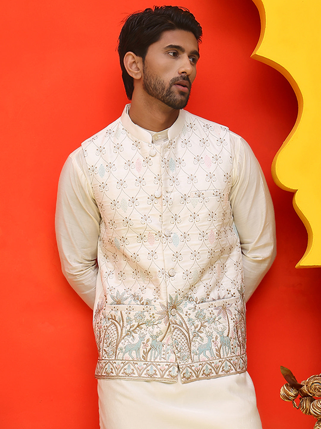 DesiQlo Men Embroidered Men Waistcoat Nehru Jacket - Wh - JOWC_4124Whi