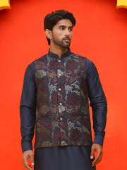 Embroidered Silk Blend Nehru Jacket ( JOWC 4127 Navy )