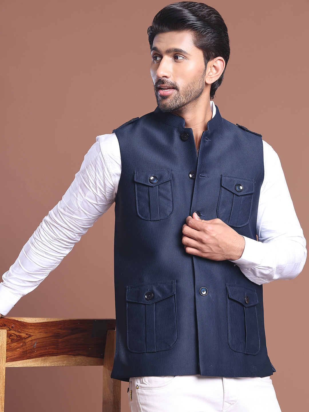DesiQlo Men Embroidered Men Waistcoat Nehru Jacket - Bl - JOWC_4128Nav