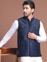 Navy Blue Soild Nehru Jacket for Men ( JOWC 4128 Navy )