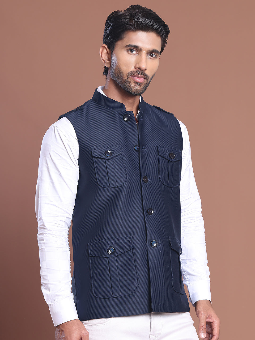 DesiQlo Men Embroidered Men Waistcoat Nehru Jacket - Bl - JOWC_4128Nav