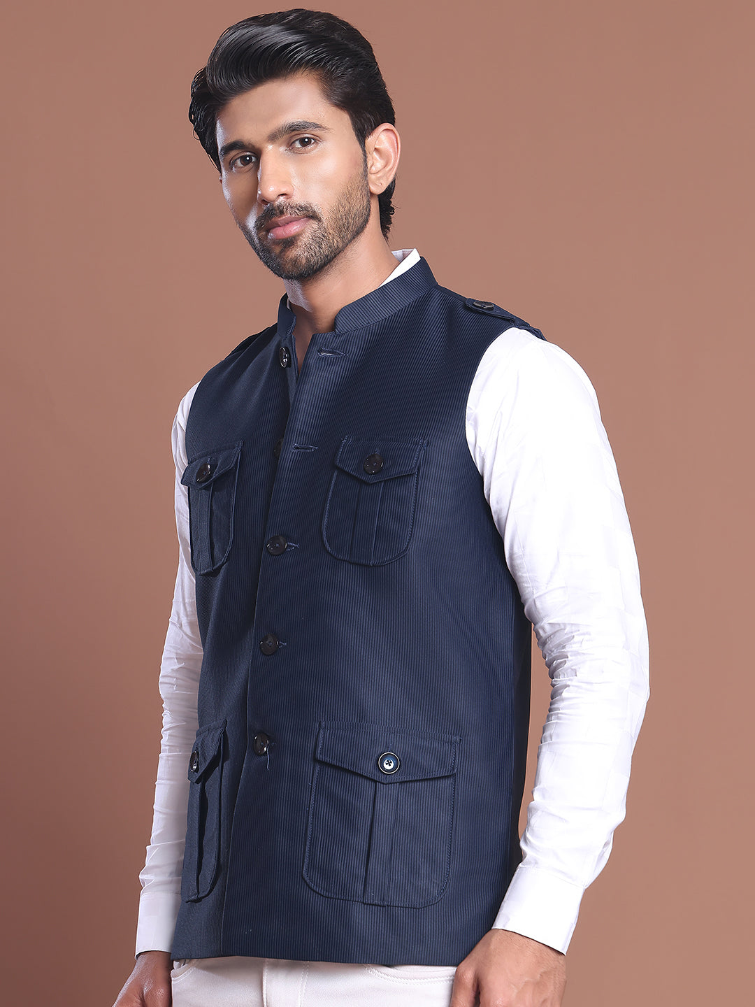 DesiQlo Men Embroidered Men Waistcoat Nehru Jacket - Bl - JOWC_4128Nav
