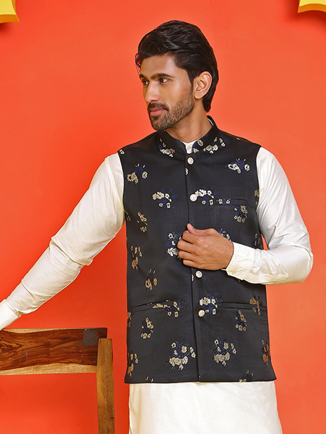 DesiQlo Men Woven Design Men Waistcoat Nehru Jacket - Black