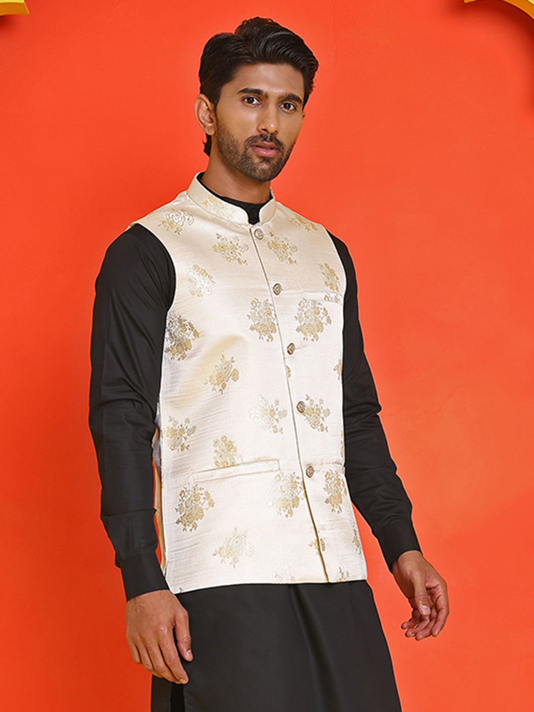 DesiQlo Men Woven Design Men Waistcoat Nehru Jacket - Beige
