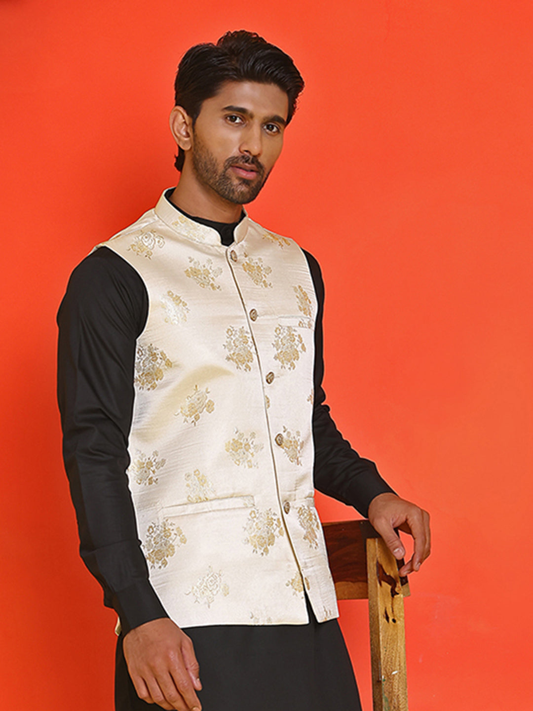 DesiQlo Men Woven Design Men Waistcoat Nehru Jacket - Beige