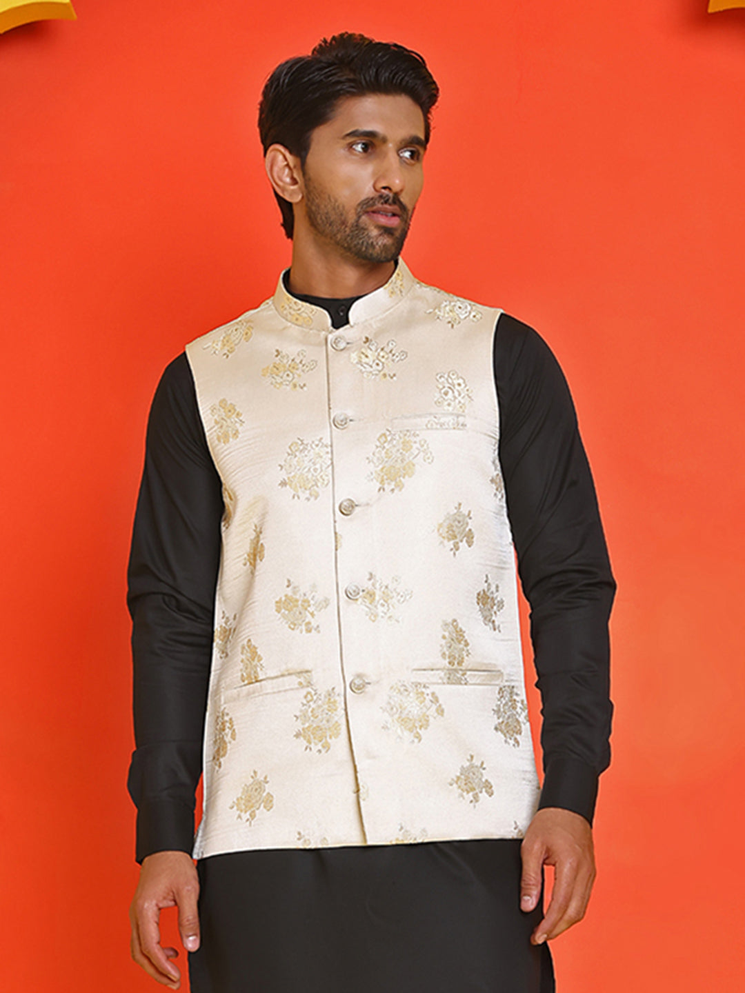 DesiQlo Men Woven Design Men Waistcoat Nehru Jacket - Beige