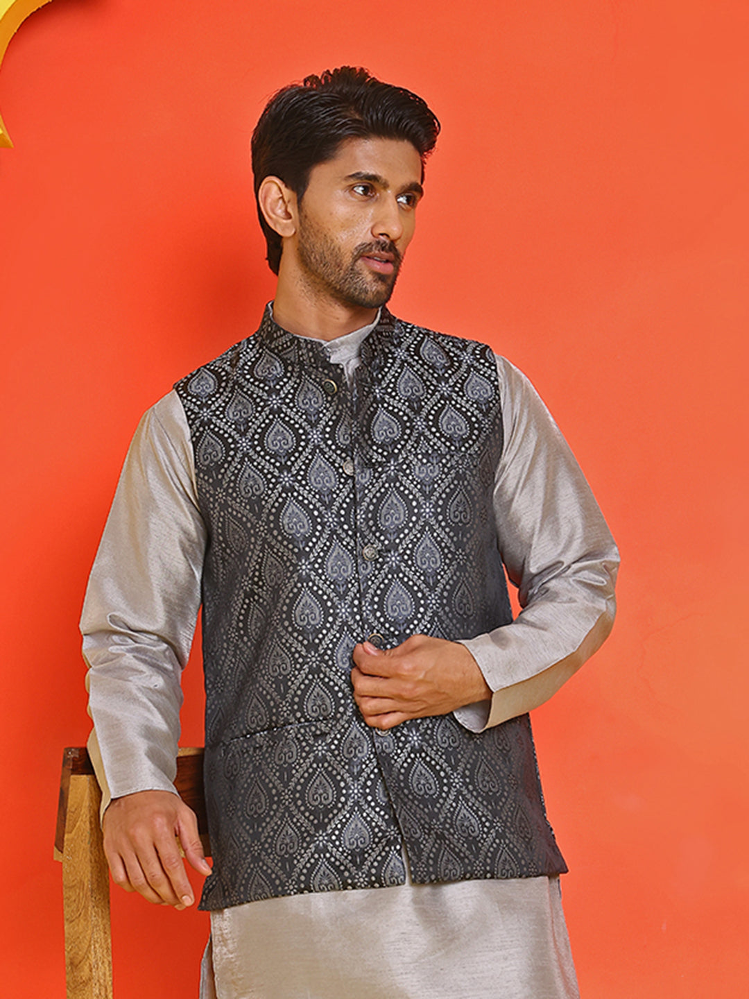 DesiQlo Men Woven Design Men Waistcoat Nehru Jacket - B - JOWC_4131Bla