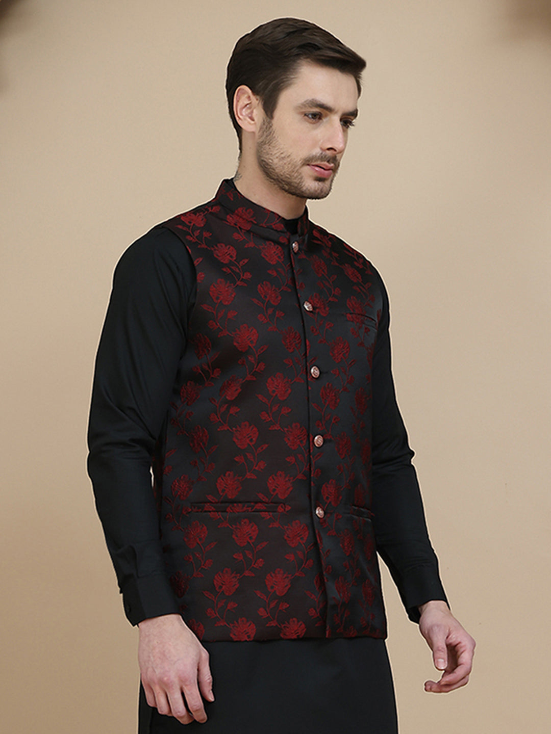 DesiQlo Men Embellished Men Waistcoat Nehru Jacket - Maroon
