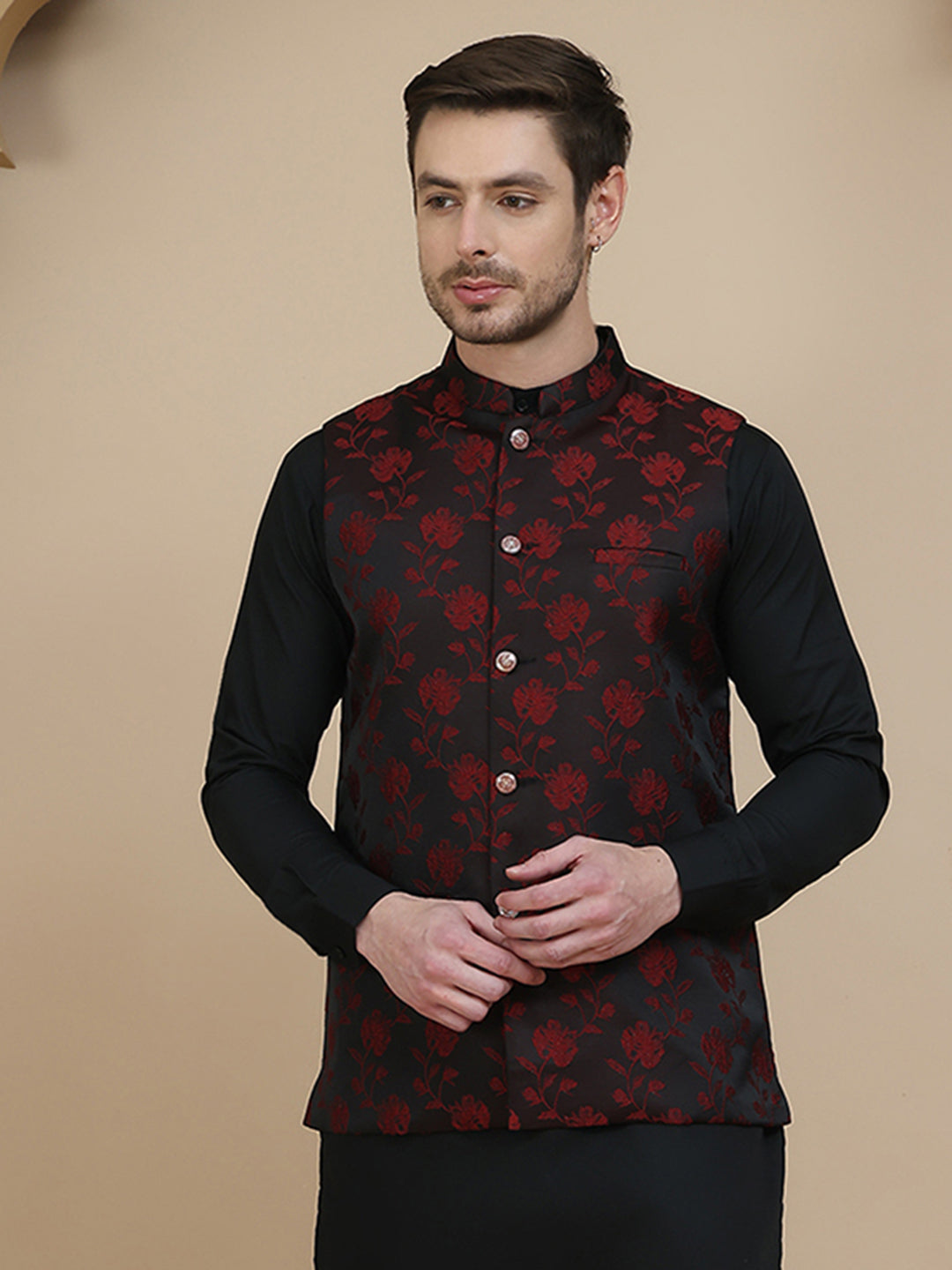 DesiQlo Men Embellished Men Waistcoat Nehru Jacket - Maroon