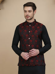 Embossed Nehru Jacket for Men ( JOWC 4133 Maroon )