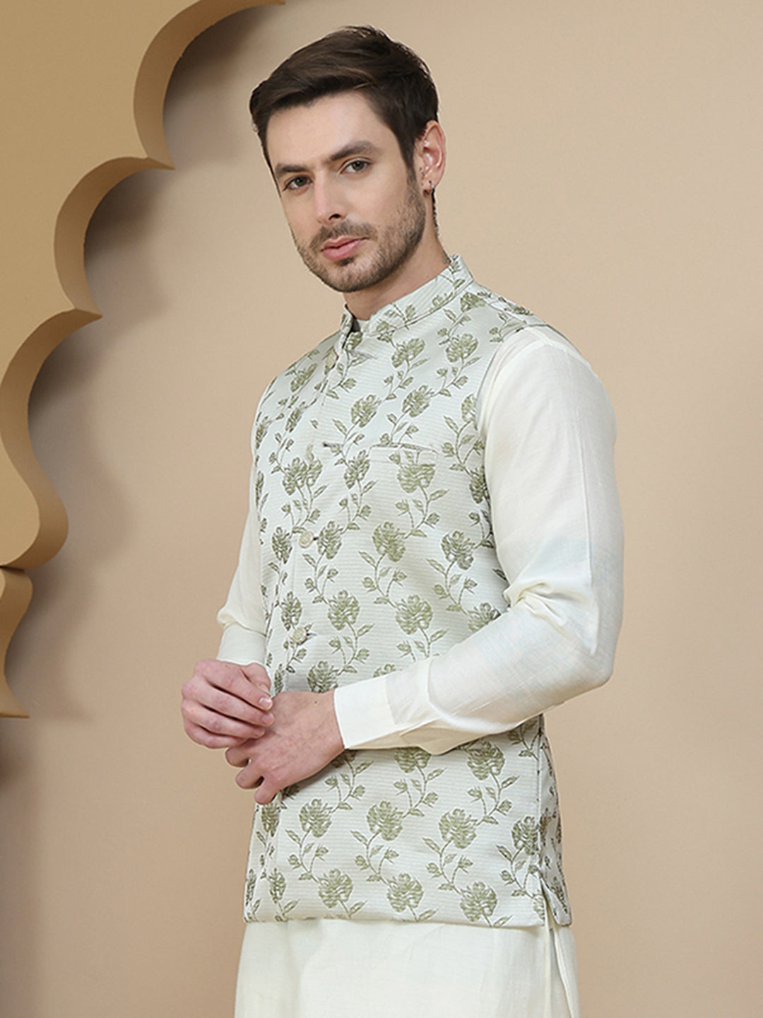 DesiQlo Men Embellished Men Waistcoat Nehru Jacket - Green