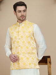Embossed Nehru Jacket for Men ( JOWC 4133 Yellow )