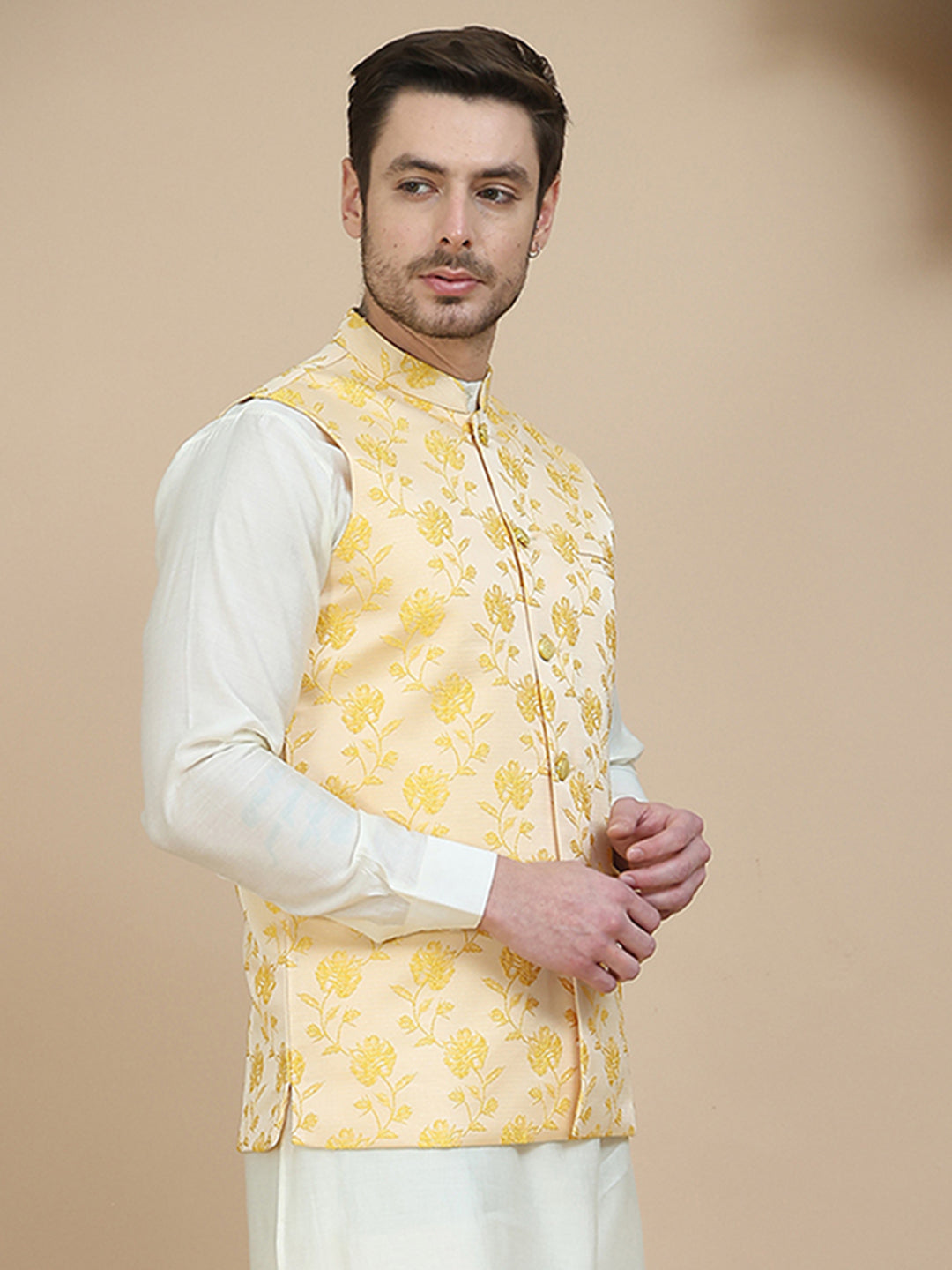 DesiQlo Men Embellished Men Waistcoat Nehru Jacket - Yellow