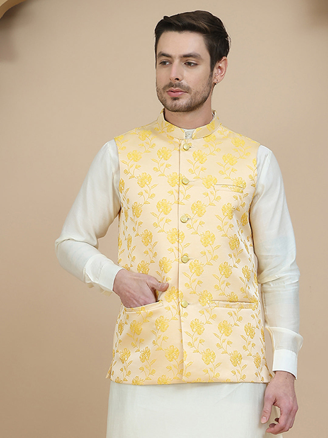 DesiQlo Men Embellished Men Waistcoat Nehru Jacket - Yellow