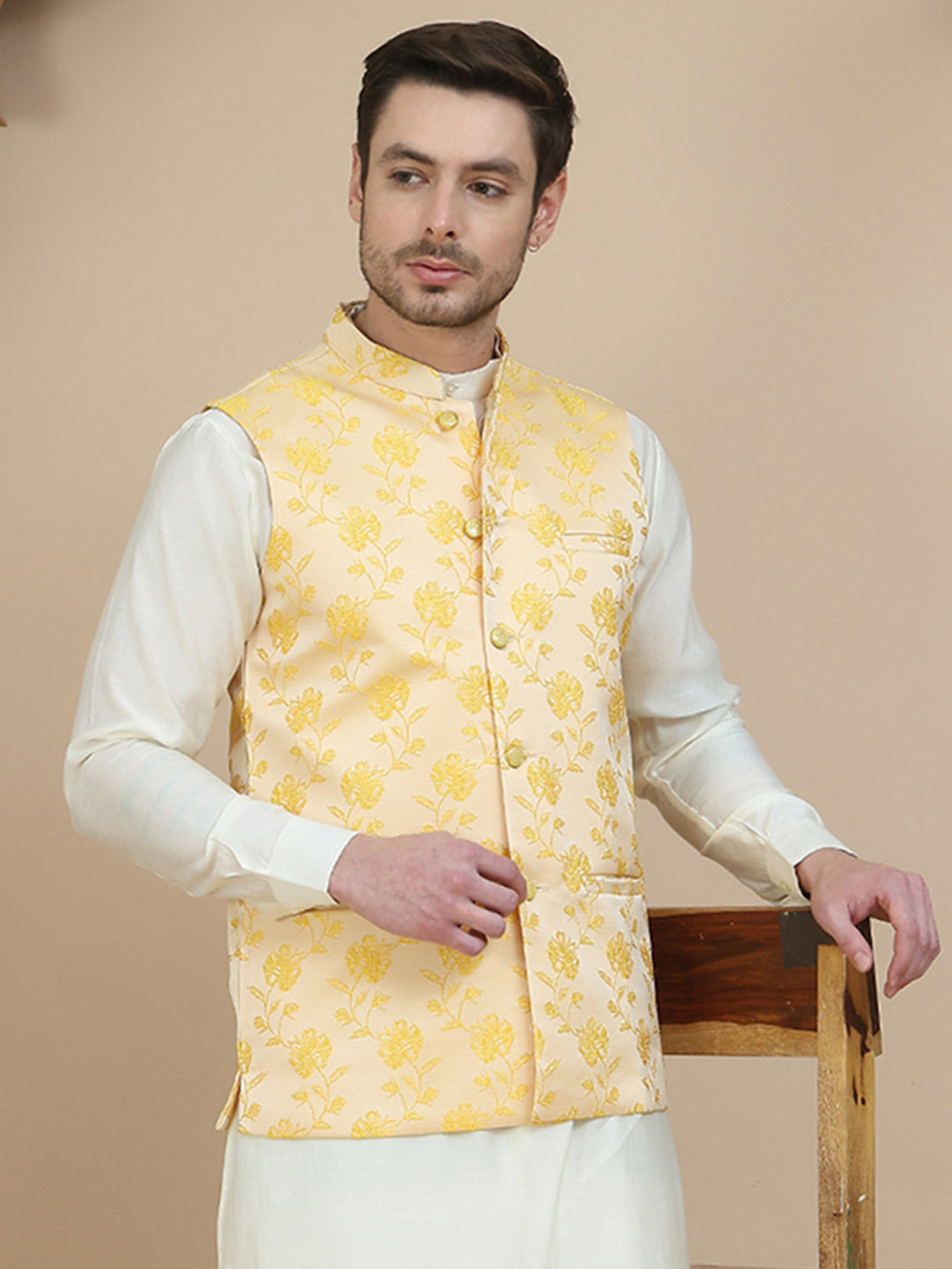 DesiQlo Men Embellished Men Waistcoat Nehru Jacket - Yellow