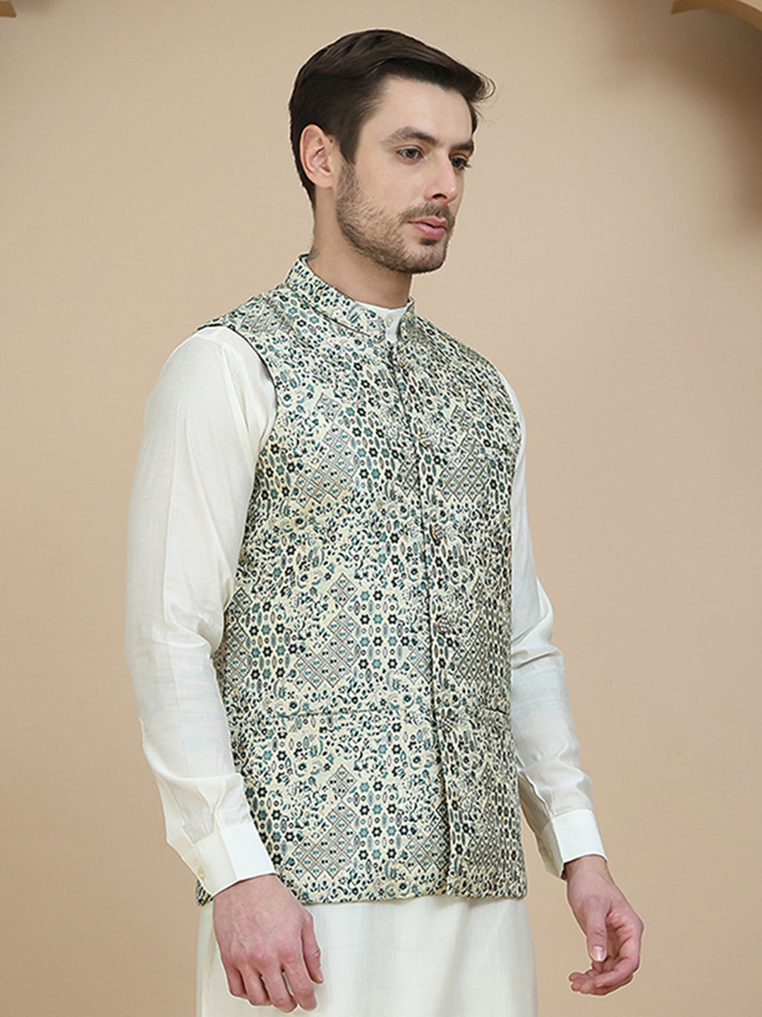 DesiQlo Men Woven Design Men Waistcoat Nehru Jacket - B - JOWC_4134Blu