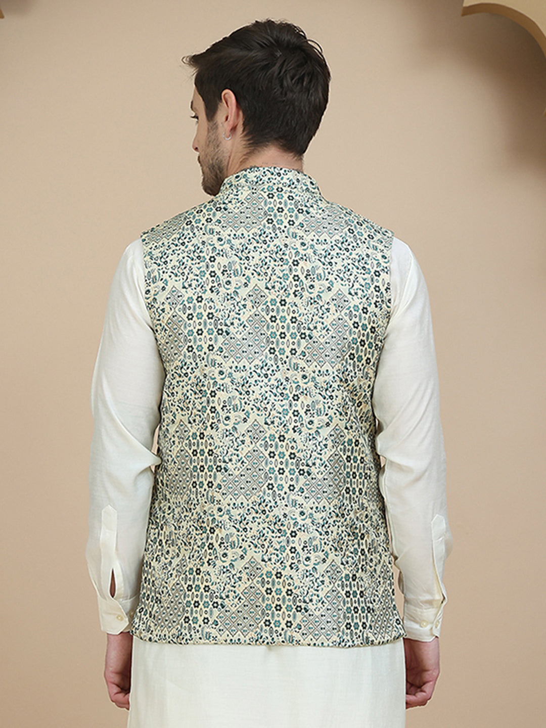 DesiQlo Men Woven Design Men Waistcoat Nehru Jacket - B - JOWC_4134Blu