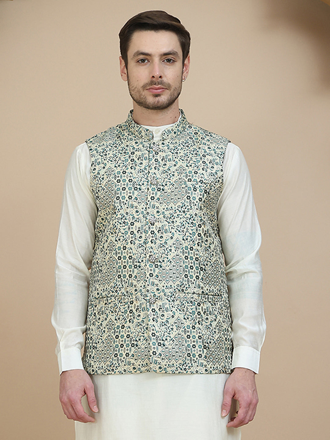 DesiQlo Men Woven Design Men Waistcoat Nehru Jacket - B - JOWC_4134Blu