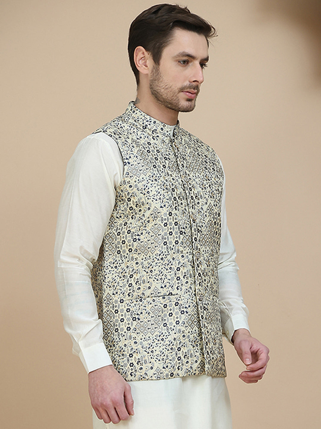 DesiQlo Men Woven Design Men Waistcoat Nehru Jacket - B - JOWC_4134Nav