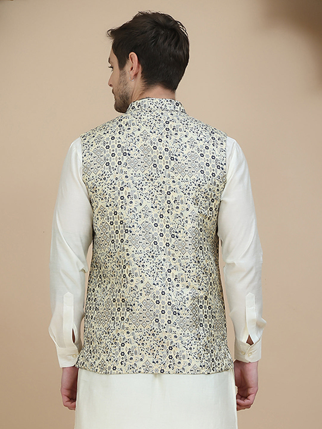DesiQlo Men Woven Design Men Waistcoat Nehru Jacket - B - JOWC_4134Nav