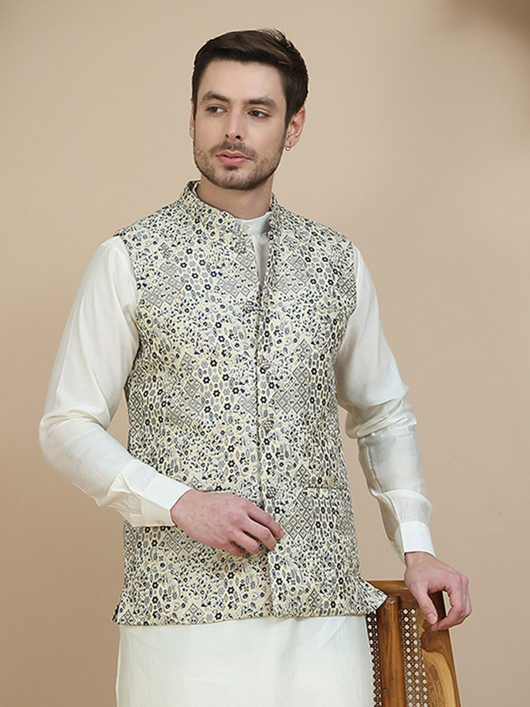 DesiQlo Men Woven Design Men Waistcoat Nehru Jacket - B - JOWC_4134Nav