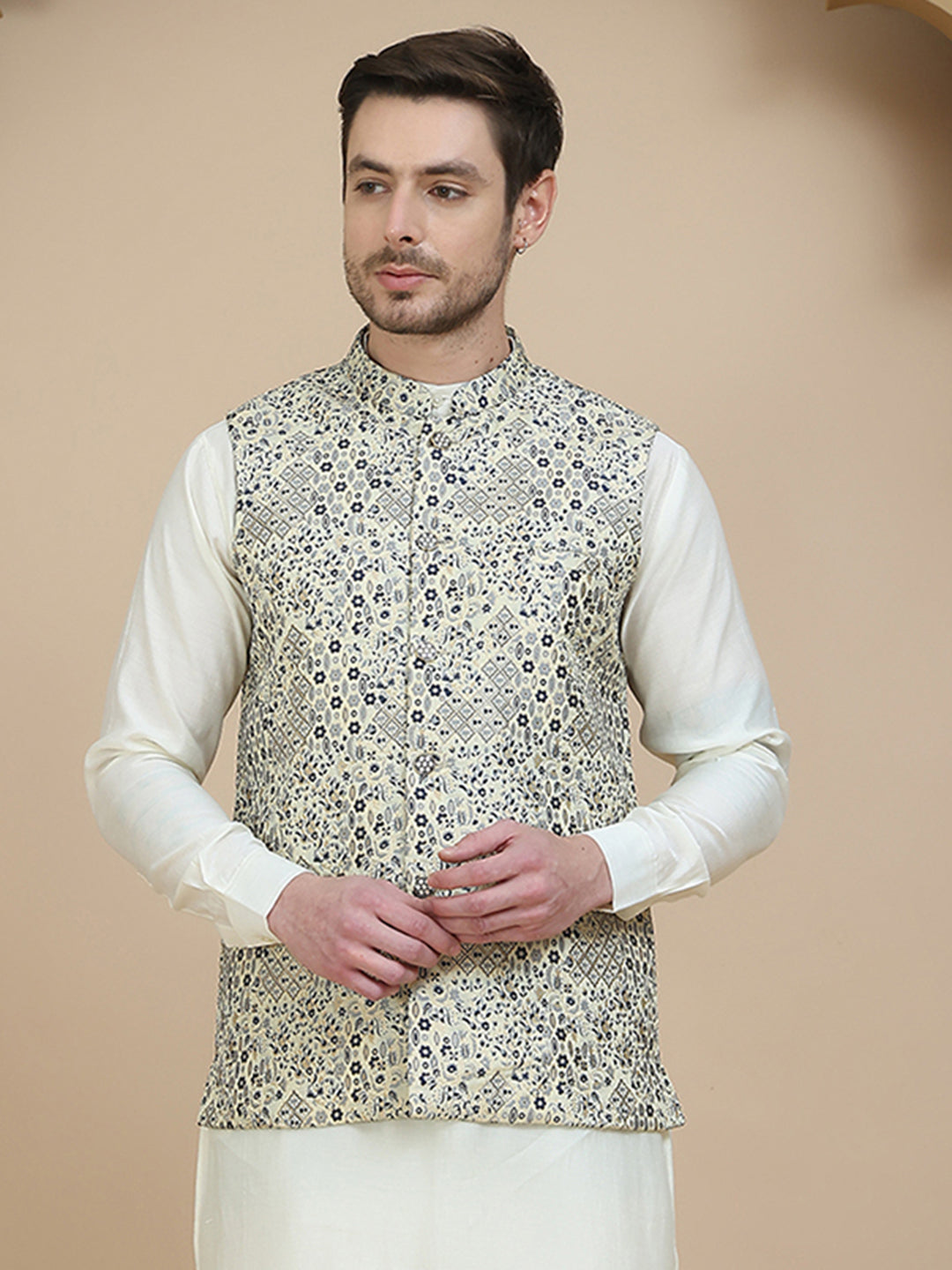 DesiQlo Men Woven Design Men Waistcoat Nehru Jacket - B - JOWC_4134Nav